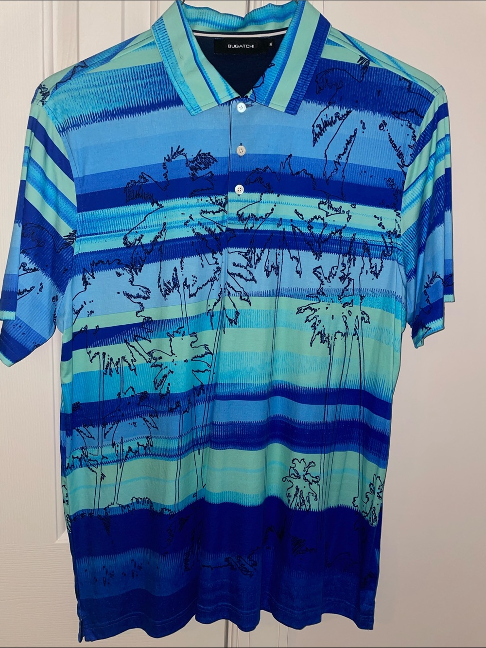 Bugatchi Teal and Blue Palm-Print Polo
